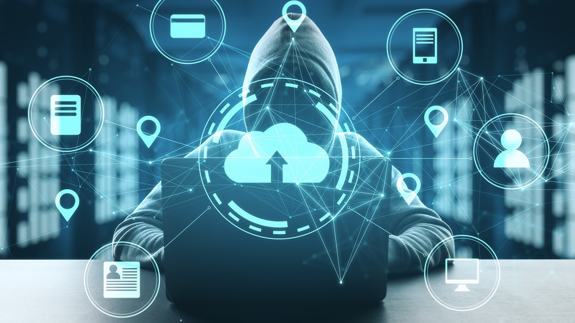Hacker using laptop in server room with cloud computing diagram. Network and communication concept. Double exposure