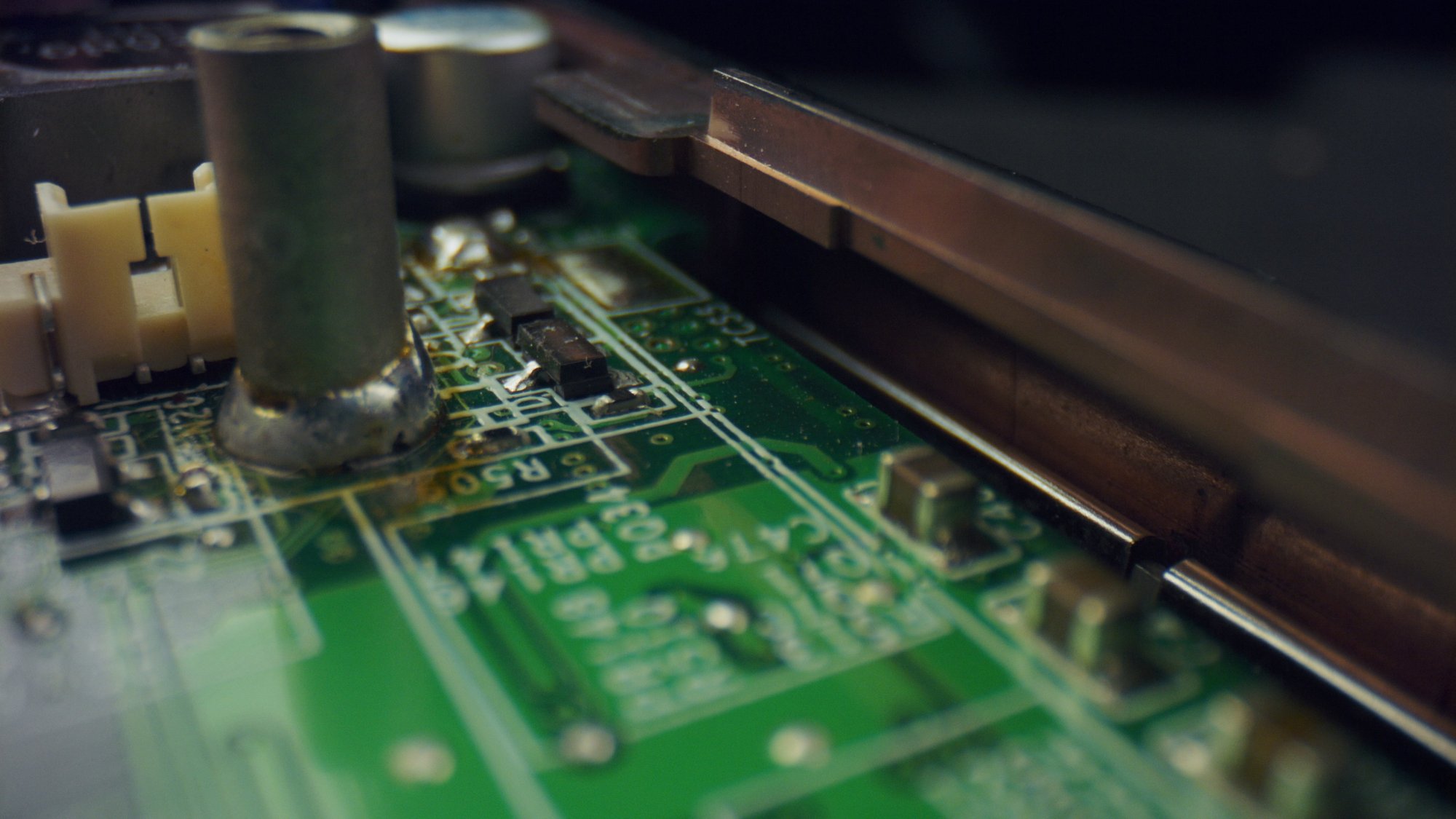 Dolly shot of circuit board. Closeup integrated communication processor of computer. Macro of motherboard digital chip. Circu
